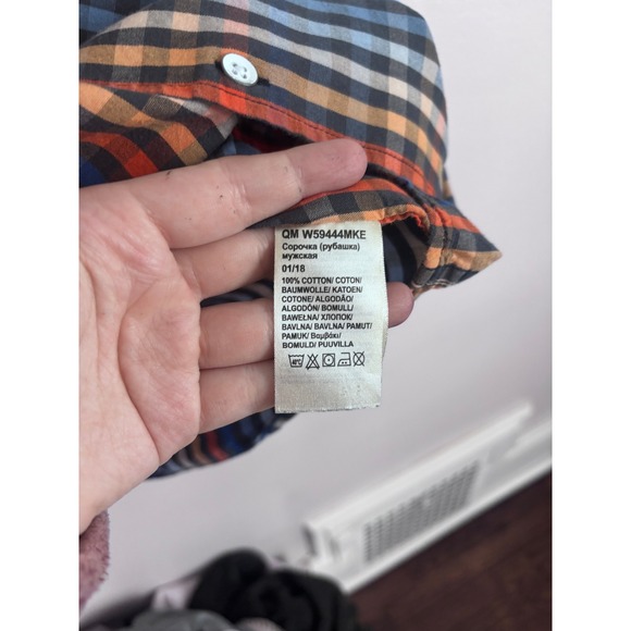 Wrangler Mens Large Short Sleeve Plaid Button Down Shirt Blue Orange - Picture 4 of 7